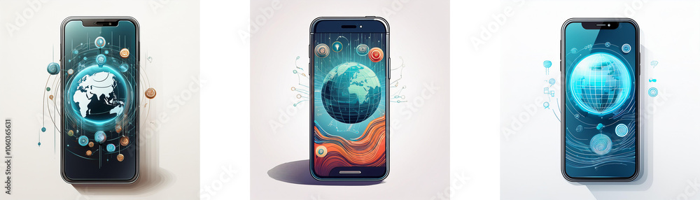 Fototapete three smartphone screens display different planets with a colorful abstract design.