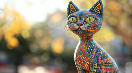 Naklejka premium Colorful decorative cat sculpture with intricate patterns and vibrant designs, set against a blurred background