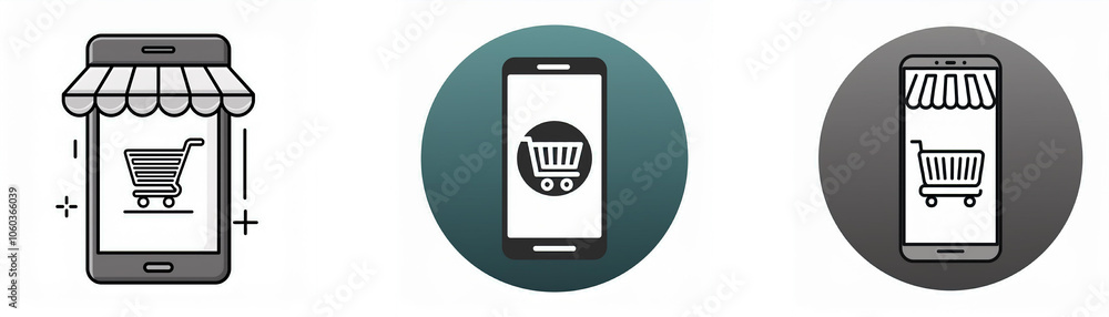 Poster Three smartphone icons with an awning above each one. One is a flat icon, another is a circular icon with a teal background, and the last one is a circular icon with a gray background. Each icon displ