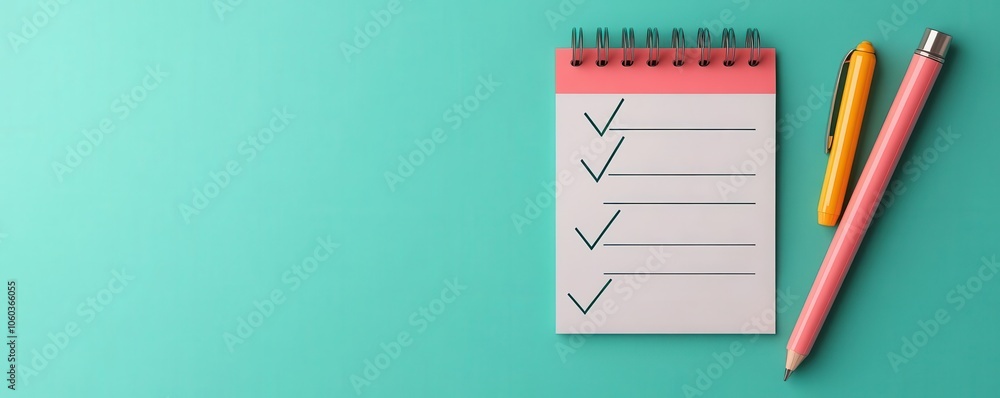 Poster a notepad with a checklist and colorful pens on a teal background, ideal for organizing tasks or pla