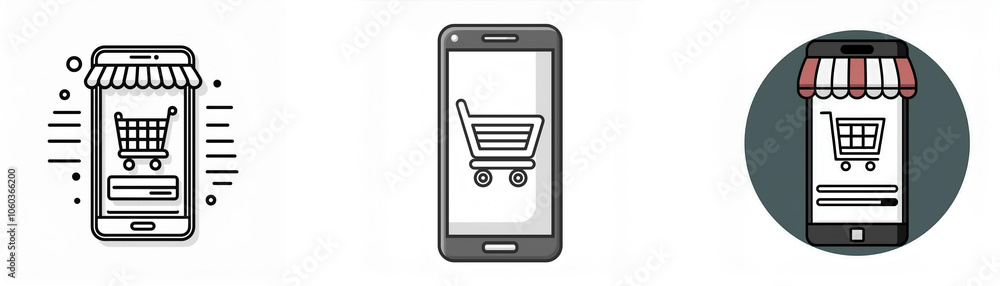 Poster A smartphone app icon with a shopping cart in the screen, stylized with a store awning.