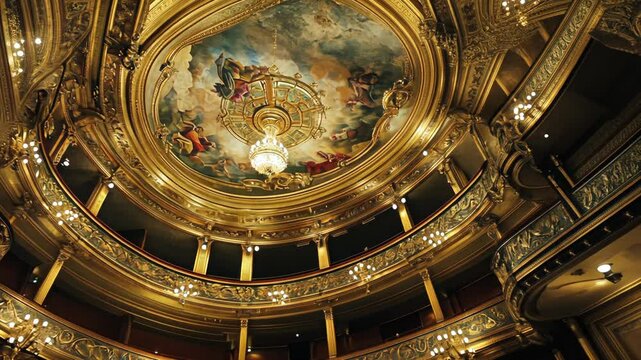 A detailed view of the ornate interior of an opera house, featuring a painted ceiling with a chandelier hanging from it