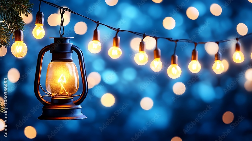 Poster lantern with string lights for cozy atmosphere plain textured background for web design and copy