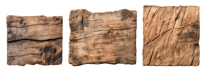 Three Old Rustic Weathered Cracked Wood Boards Isolated on White Background Wooden Planks with Natural Texture and Grain Perfect for Design Projects Related to Nature Carpentry or DIY Crafts