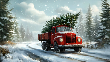 Red Truck Carrying Christmas Tree Illustration