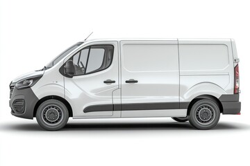 A side view of a white delivery van designed for transportation and logistics.