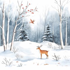 Winter Christmas watercolor illustration, style of a children's book
