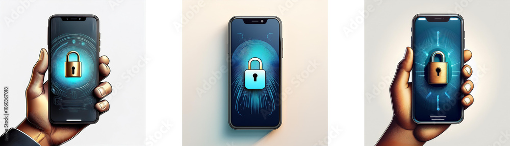 Aufkleber three hands hold smartphones with lock icons on the screen.