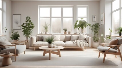 Fototapeta premium Modern Minimalist Living Space with Large Windows, Natural Light, and Earthy Decor Creating an Inviting Ambiance (65)