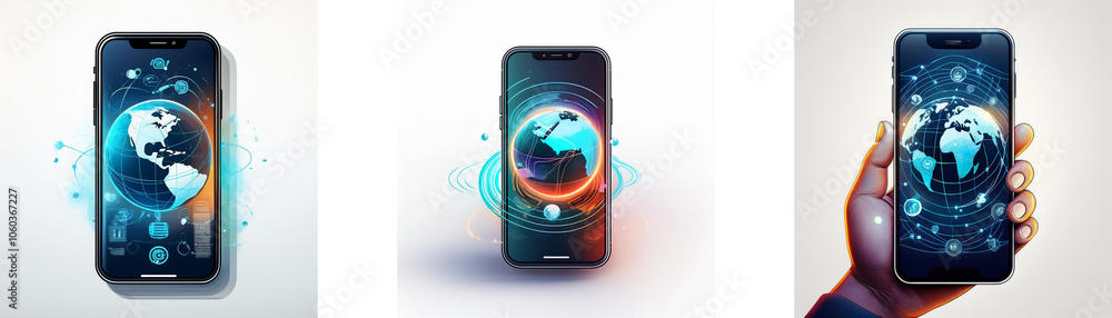 Poster three images show a mobile phone with a hologram of a blue and green globe on the screen.