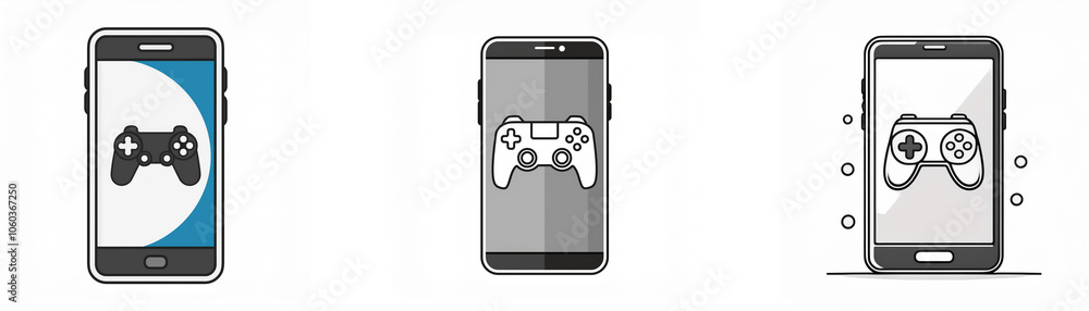 Poster three mobile phones with a game controller icon on each screen.