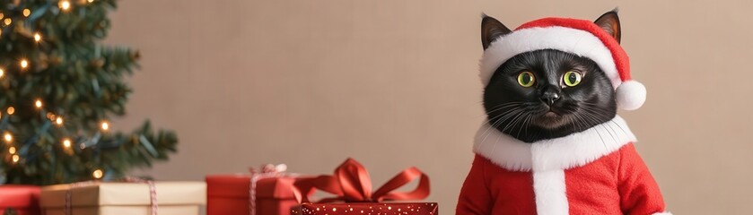 A festive black cat in a Santa costume stands beside Christmas presents, surrounded by holiday decor.