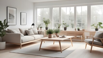 Fototapeta premium Modern Minimalist Living Space with Large Windows, Natural Light, and Earthy Decor Creating an Inviting Ambiance (70)
