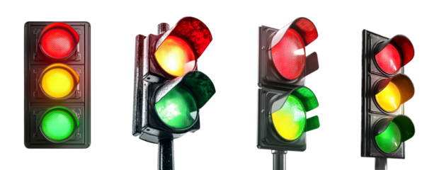 Traffic Light Signals Red Yellow Green Stop Go Wait Caution Transportation Safety Regulation Control Isolated White Background Road Intersection Traffic Management Concept Different Light Combinations