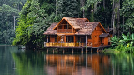 Obraz premium Traditional Wooden House by the Lake in Tropical Forest.