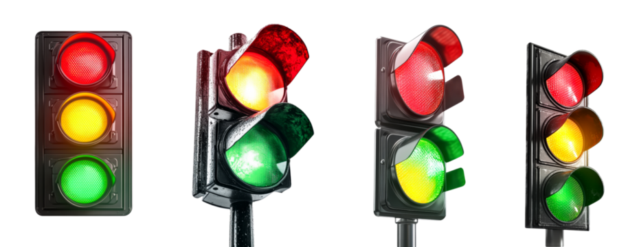 Traffic Light Signals Red Yellow Green Stop Go Wait Caution Transportation Safety Regulation Control Isolated White Background Road Intersection Traffic Management Concept Different Light Combinations