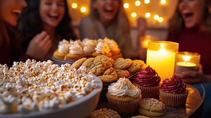 A cozy gathering of friends enjoying a sweet feast with cupcakes, popcorn, and candlelight, creating a warm and joyful atmosphere.