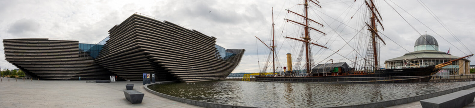Dundee Scotland: 4th August 2024: V&A (V and A) Dundee exterior panorama with HMS Discovery