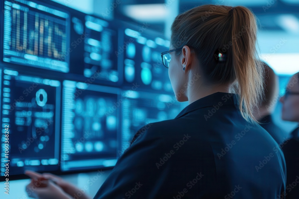 Poster a focused individual analyzes data on multiple screens in a high-tech environment, highlighting mode