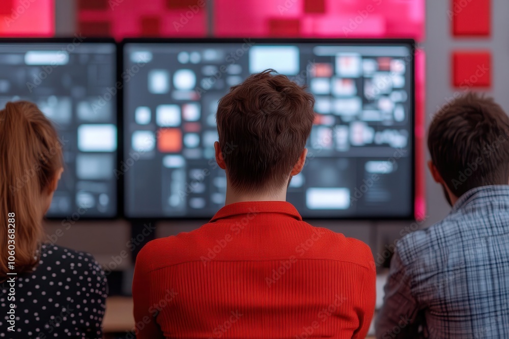 Poster a group of three individuals observes multiple screens displaying digital content in a modern worksp