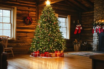 Christmas tree in cozy cabin, bright lights, rustic charm, and festive warmth