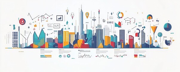 A colorful infographic featuring a city skyline, graphs, charts, and various business icons representing data analysis and urban growth.