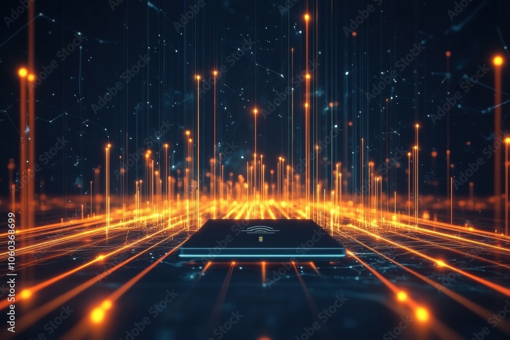 Aufkleber the image depicts network cables and a router amidst bright, abstract glowing lines, conveying a hig