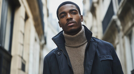 Fototapeta premium A confident blakc man in a stylish coat and turtleneck stands on a vibrant city street, showcasing urban fashion and charisma in an iconic metropolitan setting.