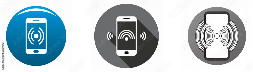 Aufkleber three circular icons depict a smartphone with wireless waves radiating from it. the icons are blue, 