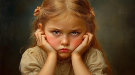 Portrait of a young girl with pouting expression, resting her head on her hands, looking thoughtful and sad