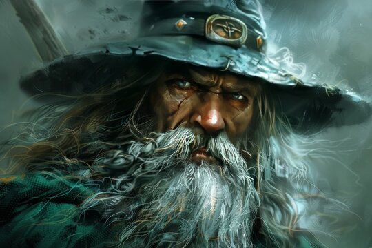 A powerful wizard with a long beard and dark cloak stares intensely against a mystical backdrop, evoking a sense of ancient magic and wisdom