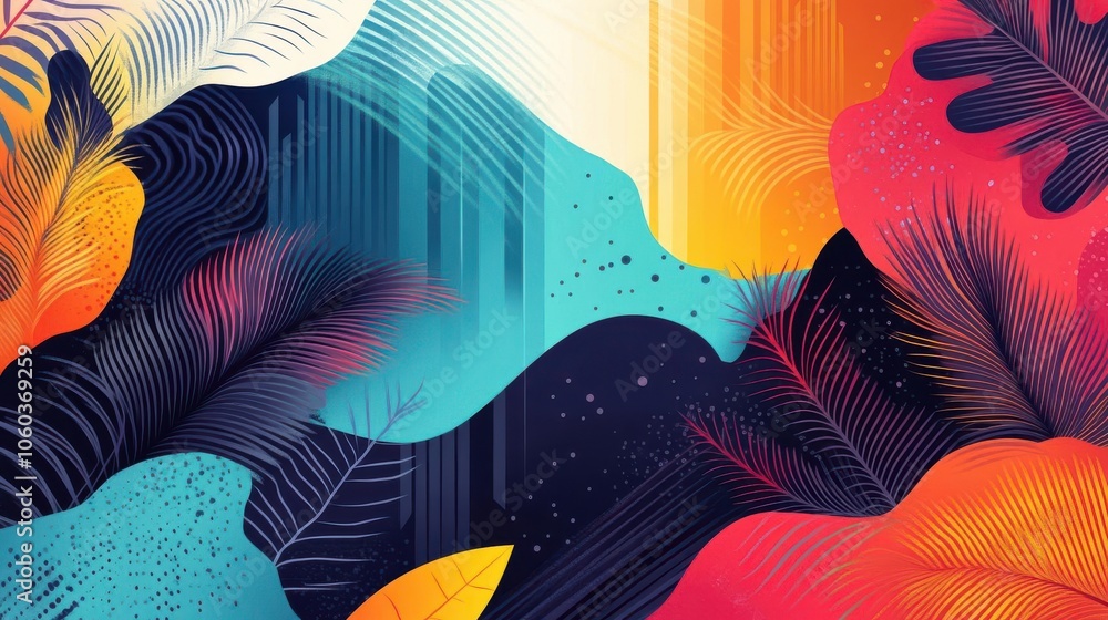 Poster a vibrant abstract design featuring colorful waves and leaf patterns, blending warm and cool tones t