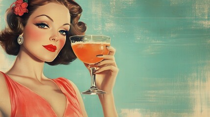  Glamorous retro illustration of an elegant woman holding a cocktail, capturing the charm of vintage 1950s style