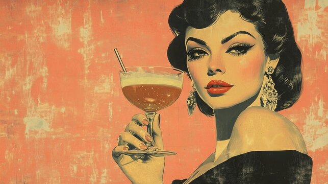 Elegant vintage style illustration of a glamorous woman holding a cocktail, capturing 1950s sophistication and charm