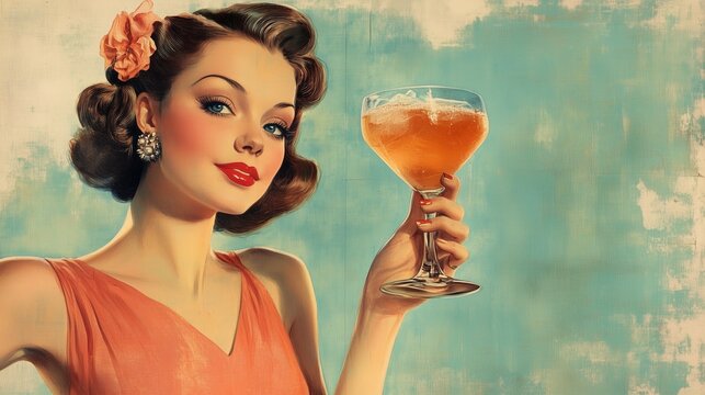 Retro style illustration of an elegant woman holding a cocktail, embodying classic 1950s glamour and charm