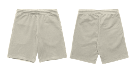 Two pairs of lightgray shorts with elastic waistbands.