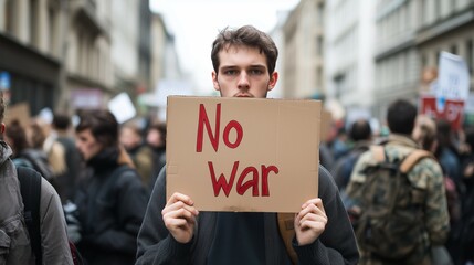 Young protester holding No War sign in peaceful demonstration, standing for peace and anti conflict ideals