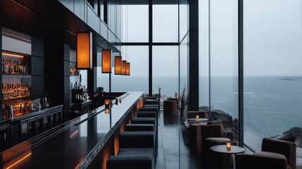 Stylish modern bar with sleek black interior, illuminated by warm pendant lights, featuring a panoramic ocean view through large glass windows and cozy seating with candles on tables.