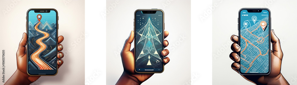 Fototapete A hand holds a smartphone displaying three different screens: a winding path, a starburst-like pattern, and a map with blue streets.