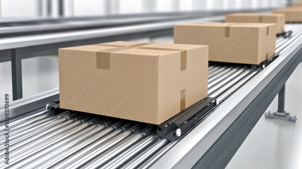 Poster a close-up view of cardboard boxes moving along a conveyor belt in a production line with a clean wh