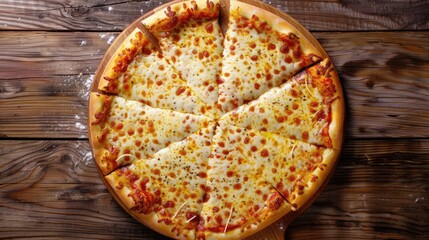 Tasty sliced cheese pizza on wooden table from above
