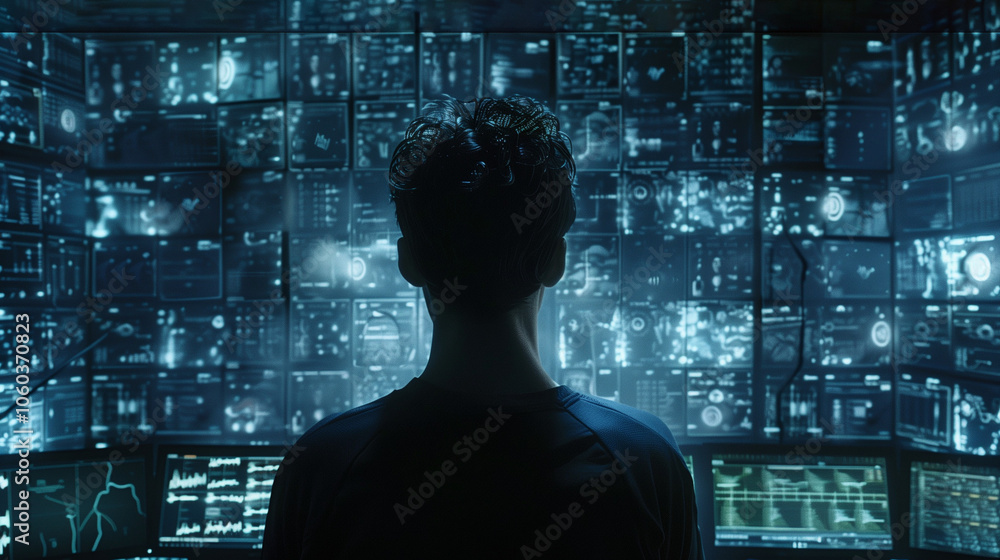 Wall mural hacker observing digital data stream in cyber environment