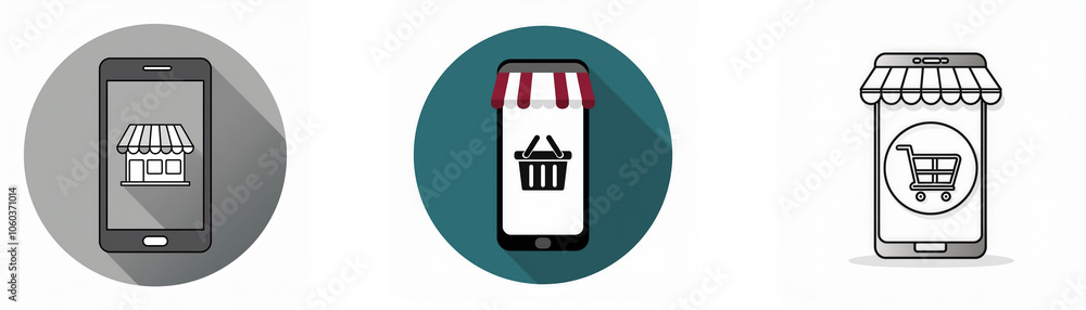 Aufkleber three different colored icons of a smartphone with an awning and shopping cart symbolizing online sh