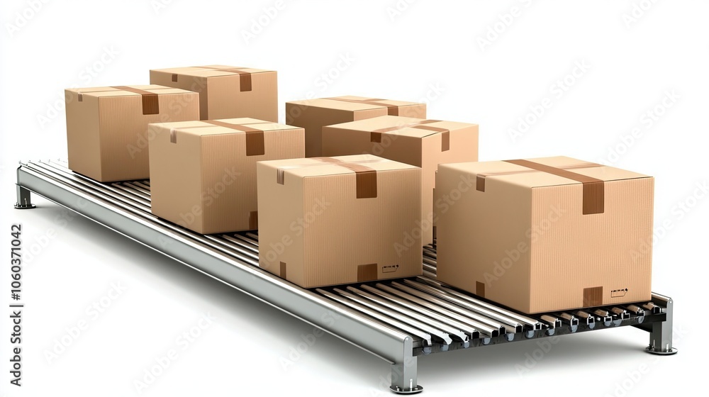 Poster cardboard boxes moving along a conveyor belt in a production line with a clean white backdrop and pr