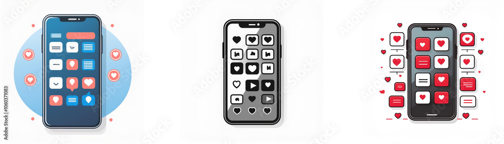 Aufkleber three smartphones with various colorful icons are shown in a minimalistic style against a white back