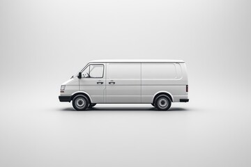 A side view of a white commercial van on a plain background, emphasizing its design and utility.