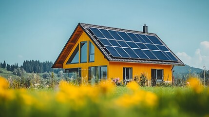 Obraz premium Innovative home utilizes solar energy to promote sustainable living in a scenic environment