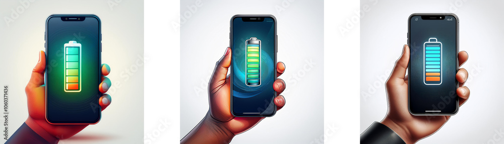 Aufkleber three hands hold smartphones with battery icons displaying different charge levels.