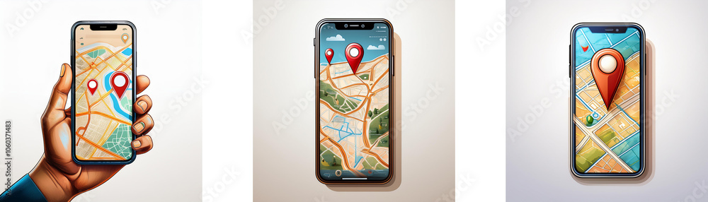 Leinwandbilder three smartphones with digital maps and red location pin markers displayed on the screen.