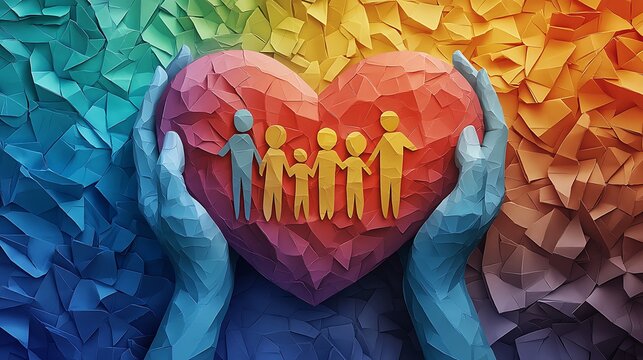 Hands embrace heart symbolizing love and family unity amidst colorful background